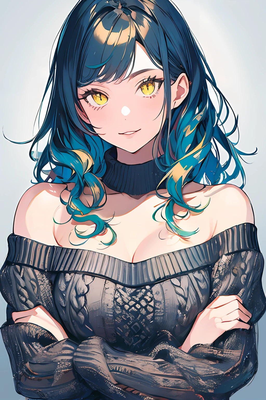 (masterpiece, top quality, best quality, official art, beautiful and aesthetic:1.2),
cateyes,1girl, solo, long hair, (sweater, big breasts, cleavage: 1.2), smile, yellow eyes, looking at viewer, blue hair, grey background, off shoulder, upper body, bare shoulders,
extreme detailed,highest detailed, optical mixing, playful patterns, lively texture, unique visual effect