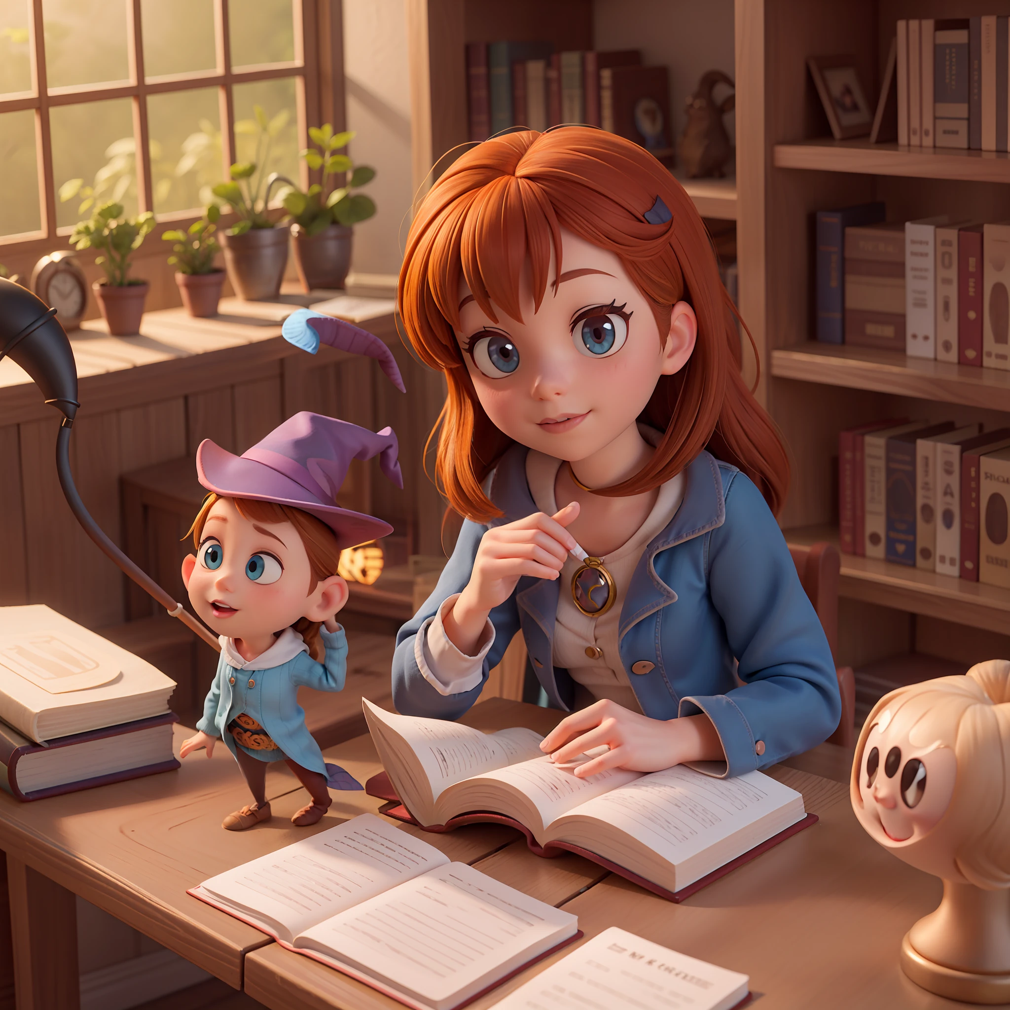 a cute بيكسار witch in a بيكسار library, بيكسار, ضوء الشمس, خلفية ملونة دافئة