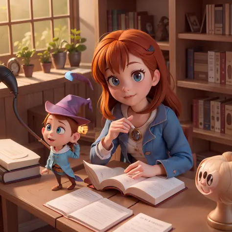 a cute pixar witch in a pixar library, pixar, sun light, warm color background