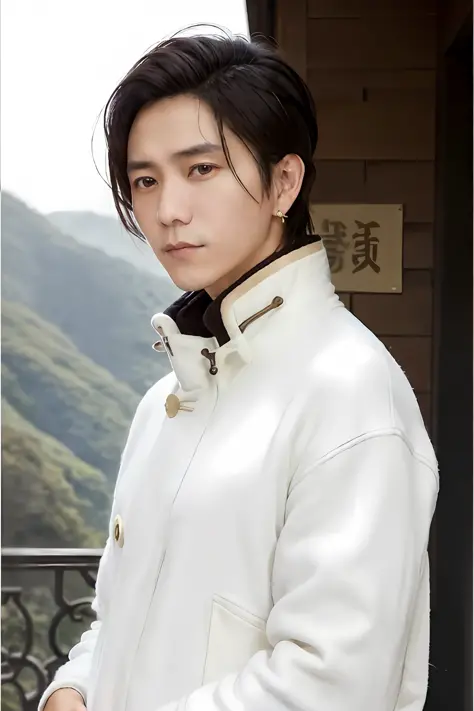ck,Asian men,song style,song hanfu,standing collar,upper body, pifeng coat,
solo, black_hair, brown_eyes, closed_mouth, asian,lo...