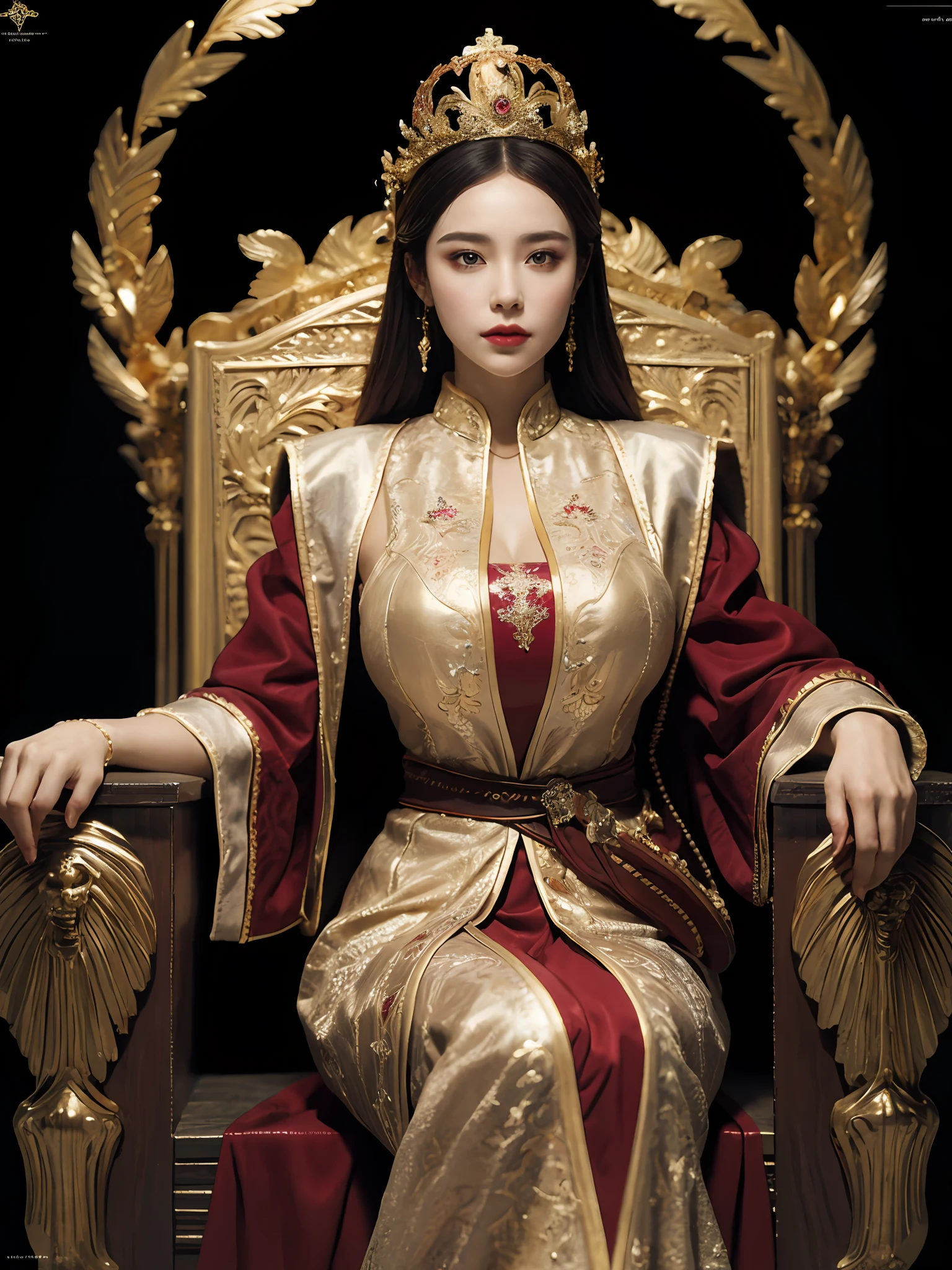 best quality,masterpiece, detailed,intricate details,photorealistic, cinematic lighting,(fantasy art:1.6), (seiza:1.1), (frontal:1.2), upright,royal, majestic, queen, empress,(Huge and magnificent seats:1.4), crown, Frontal close-up, solemnity, throne, upright posture, seriousness, dignity, gaze fixed forward, contemplation, jewels, solo, god rays,1 woman, gold and red dress.queen_meve