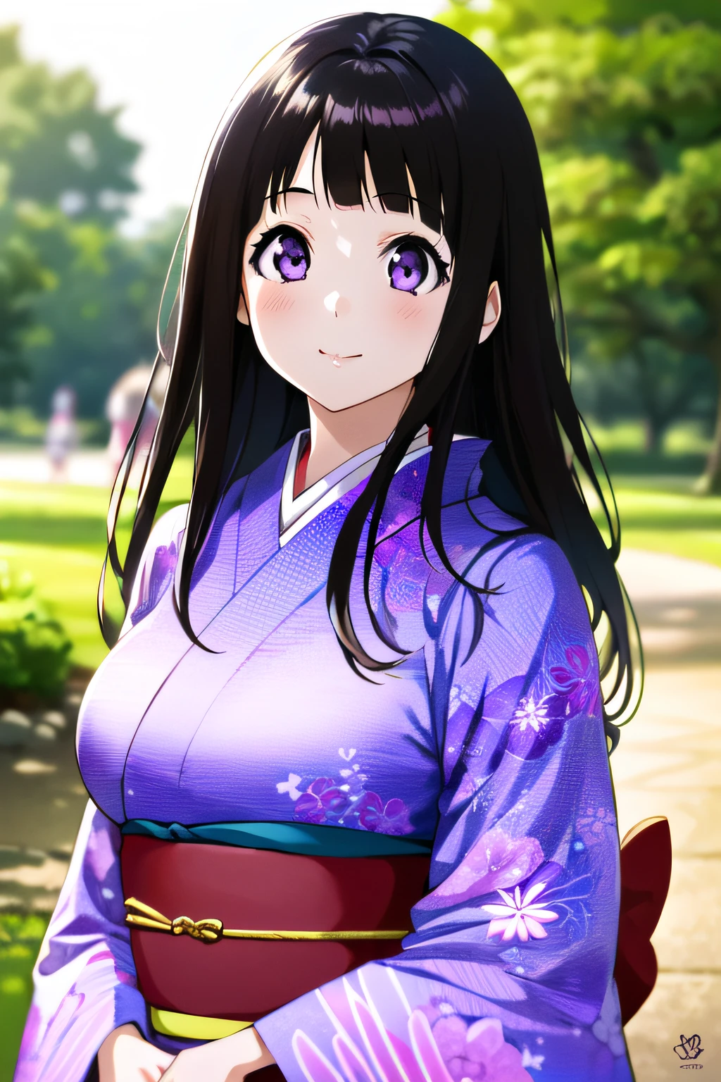 (1girl), best quality, 4k, outdoor, park, sunny, chitanda_eru, ((hime_cut, straight_bangs)), mery_(yangmalgage) , looking_at_camera, looking_at_viewer, running, kimono, brunette, timid smile, deep eyes, sensual, (((purple eyes, round_eyes, big_eyes))), dark hair, straight fringe, park background, dynamic, slender, highly detailed, normal breasts, medium straight hair, perfect drawing, best quality, masterpiece, ultra-detailed,  balanced composition, fashion illustration, female anime protagonist, detailed facial features, aesthetically pleasing, featured on pixiv