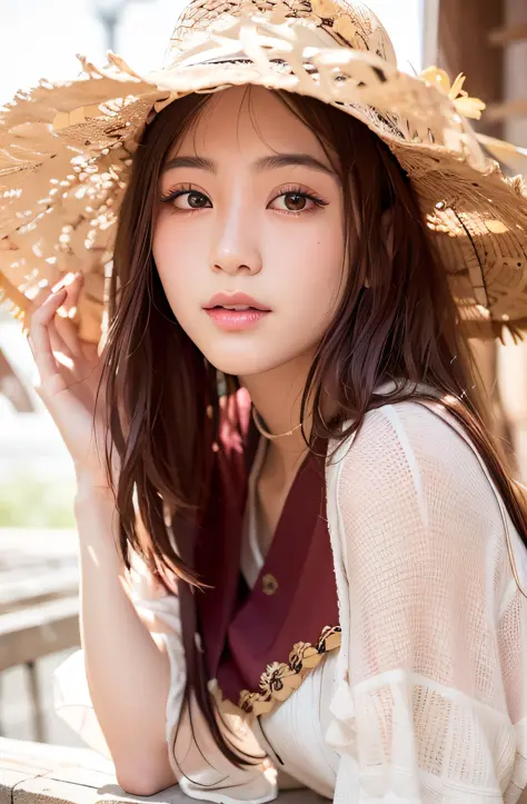 arafed woman wearing a straw hat and white shirt posing for a picture, beautiful south korean woman, beautiful young korean woman, gorgeous young korean woman, beautiful asian girl, korean girl, beautiful asian woman, hot with shining sun, a young asian wo...