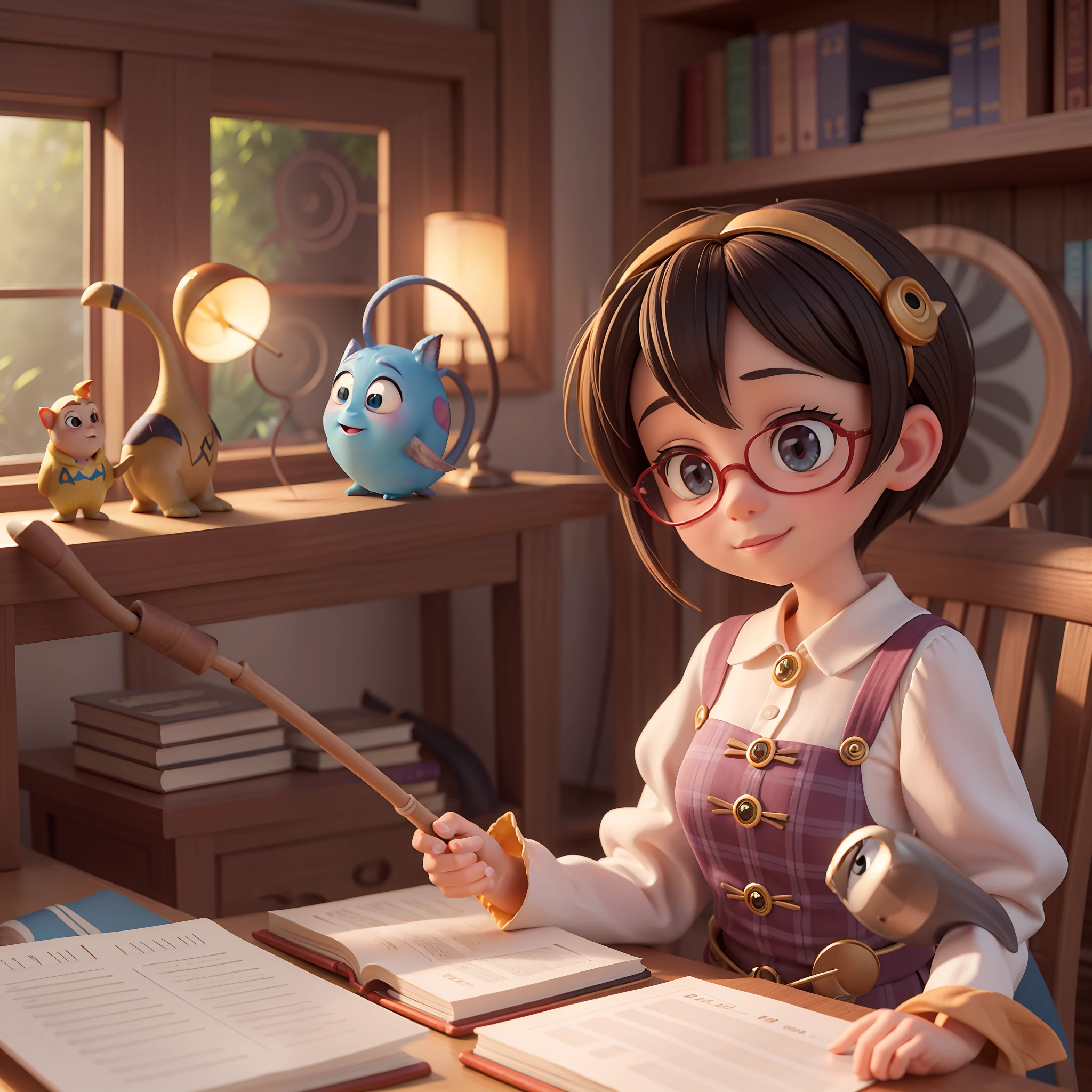 a cute pixar witch in a pixar library, pixar, sun light, warm color background