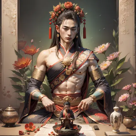 Male bodhisattva, red, sea of flowers, study, Chinese scholar