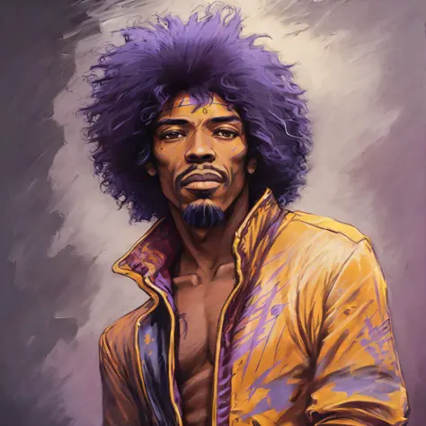 painting of a man with a purple hair and a yellow jacket, jimi hendrix, jimi hendrix style poster, jimi hendrix full body, art o...