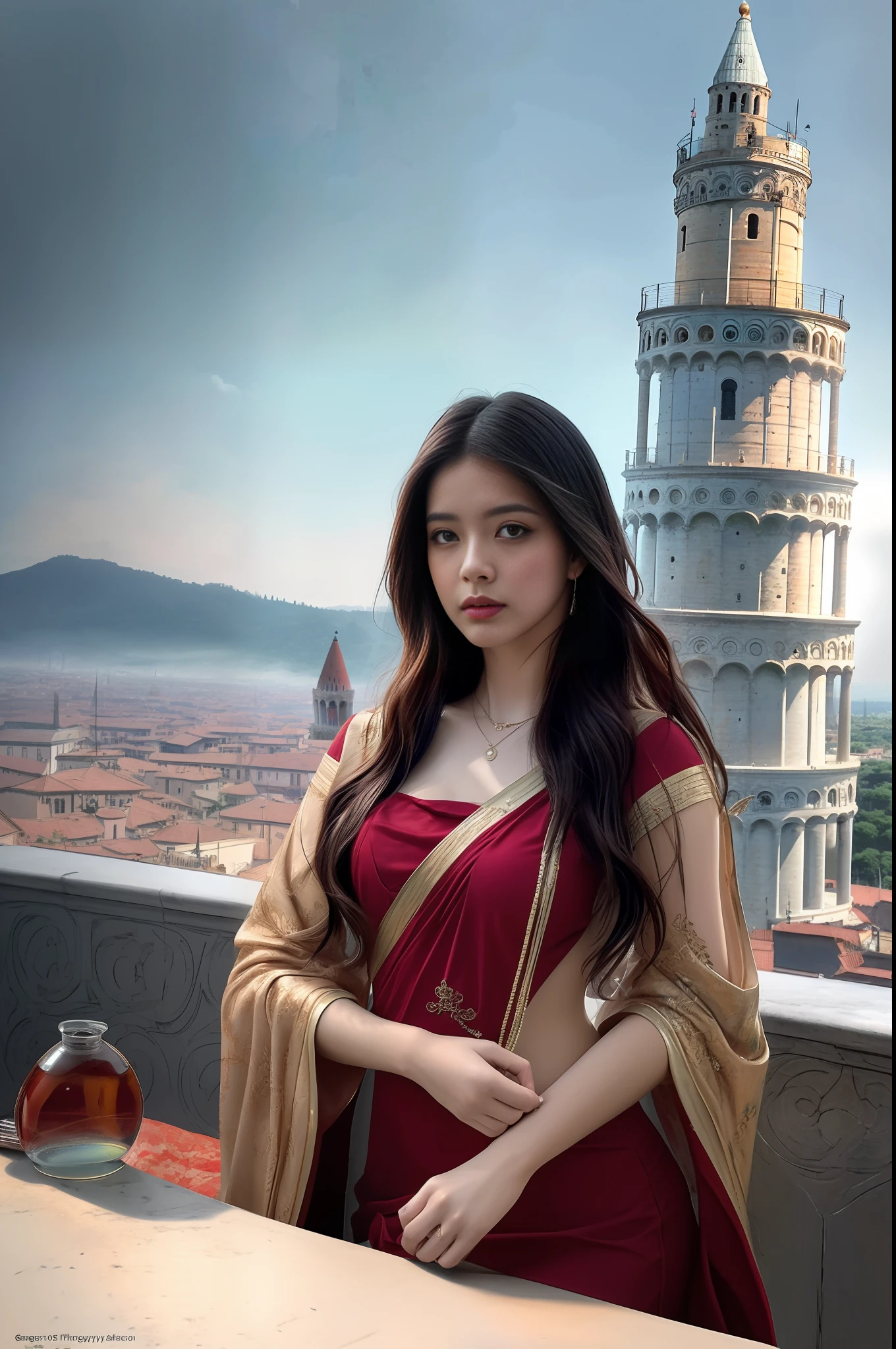 modelshoot style, (extremely detailed CG unity 8k wallpaper),full shot body photo of the most beautiful artwork in the world, stunningly beautiful photo realistic cute women intricately detailed costume, navel,princess eyes,(Leaning Tower Of Pisa background), professional majestic oil painting by Ed Blinkey, Atey Ghailan, Studio Ghibli, by Jeremy Mann, Greg Manchess, Antonio Moro, trending on ArtStation, trending on CGSociety, Intricate, High Detail, Sharp focus, dramatic, photorealistic painting art by midjourney and greg rutkowski