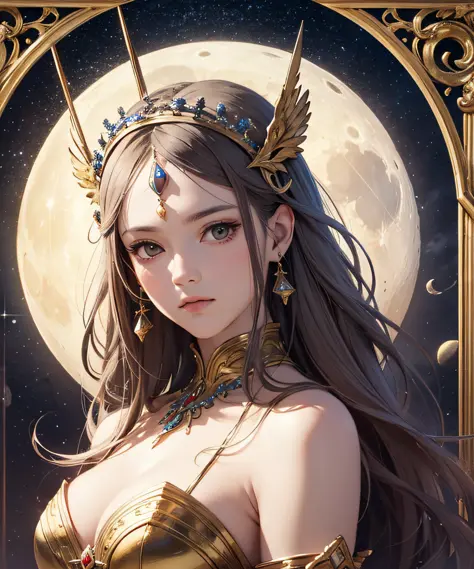 masterpiece, top quality, realistic, wallpaper, official art, goddess of the moon, artemis