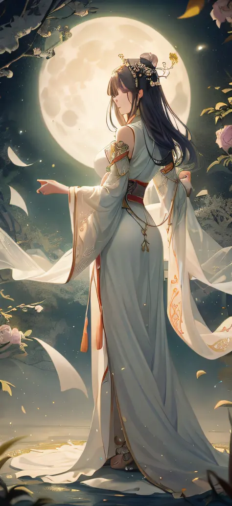 a woman in a white dress standing in front of a full moon, full body xianxia, flowing magical robe, white hanfu, ((a beautiful f...
