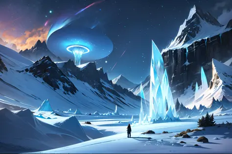 UFOs, neon lights, frozen earth, ice and snow overwhelmed, glaciers everywhere, magnificent sights, a world of snow