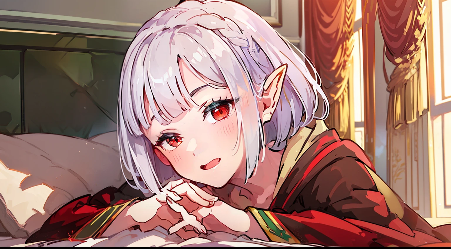 ((Put your hands on your face)), (surprised)), (Red face), 1 girl closeup, Elf, Silver hair, Red eyes, Braid hair, Bob cut, Wizard, Robe, Ruffles, Tights, Cloak, Indoors, Bed, Sleeping, TS, Concept art, Beautiful anime scene, Beautiful anime scenery, Best quality, Masterpiece, 4K