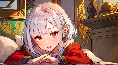 ((Put your hands on your face)), (surprised)), (Red face), 1 girl closeup, Elf, Silver hair, Red eyes, Braid hair, Bob cut, Wizard, Robe, Ruffles, Tights, Cloak, Indoors, Bed, Sleeping, TS, Concept art, Beautiful anime scene, Beautiful anime scenery, Best ...
