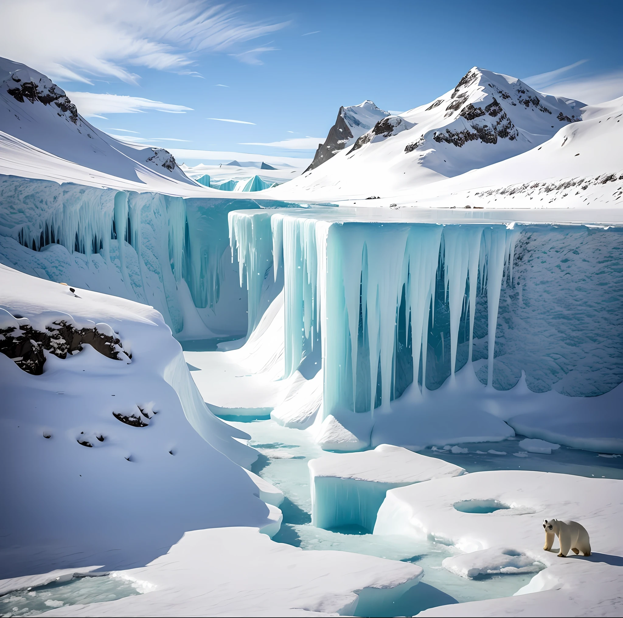 خلال عصر العصر الجليدي, كانت الأرض مغطاة بالجليد السميك وكان المناخ البارد يلف الكوكب بأكمله. المشاهد القاتمة في كل مكان, ليست أرض خضراء واحدة, فقط حقول الجليد المهجورة والجبال الجليدية.

درجات الحرارة الباردة تجعل من المستحيل على معظم الكائنات الحية البقاء على قيد الحياة, ولا يبقى في هذا العالم سوى عدد قليل من الأنواع التي تتكيف مع الظروف القاسية. تغطي رقاقات الثلج البيضاء كل المناظر الطبيعية, خلق عالم من النقاء والصمت.

هناك القليل جدا من الحياة في القارة, ولا يستطيع البقاء في مثل هذه الظروف إلا بعض الثدييات والطيور التي تتكيف مع البيئة الجليدية. تجوب الدببة القطبية البيضاء حقول الجليد بحثًا عن طعام نادر. يساعدهم جلدهم وطبقة الدهون السميكة على مقاومة البرد والبقاء على قيد الحياة.

شكلت الأنهار الجليدية والجبال الجليدية مناظر طبيعية خلابة خلال هذه الحقبة. كتل ضخمة من الجليد تتحرك ببطء, كشط السطح, خلق الوديان العميقة والمضايق. تتدفق المياه الجليدية عبر النهر الجليدي, إنشاء شلالات وبحيرات مذهلة.

في هذا العالم الكئيب, الوجود البشري يكاد لا يكاد يذكر. يمكنهم البقاء على قيد الحياة فقط باستخدام الأدوات والتقنيات البدائية, بحثاً عن الغذاء والماء الشحيحين. يعيشون في كهوف متواضعة, يحفظون أنفسهم بعيدًا عن الرياح الباردة والثلوج.