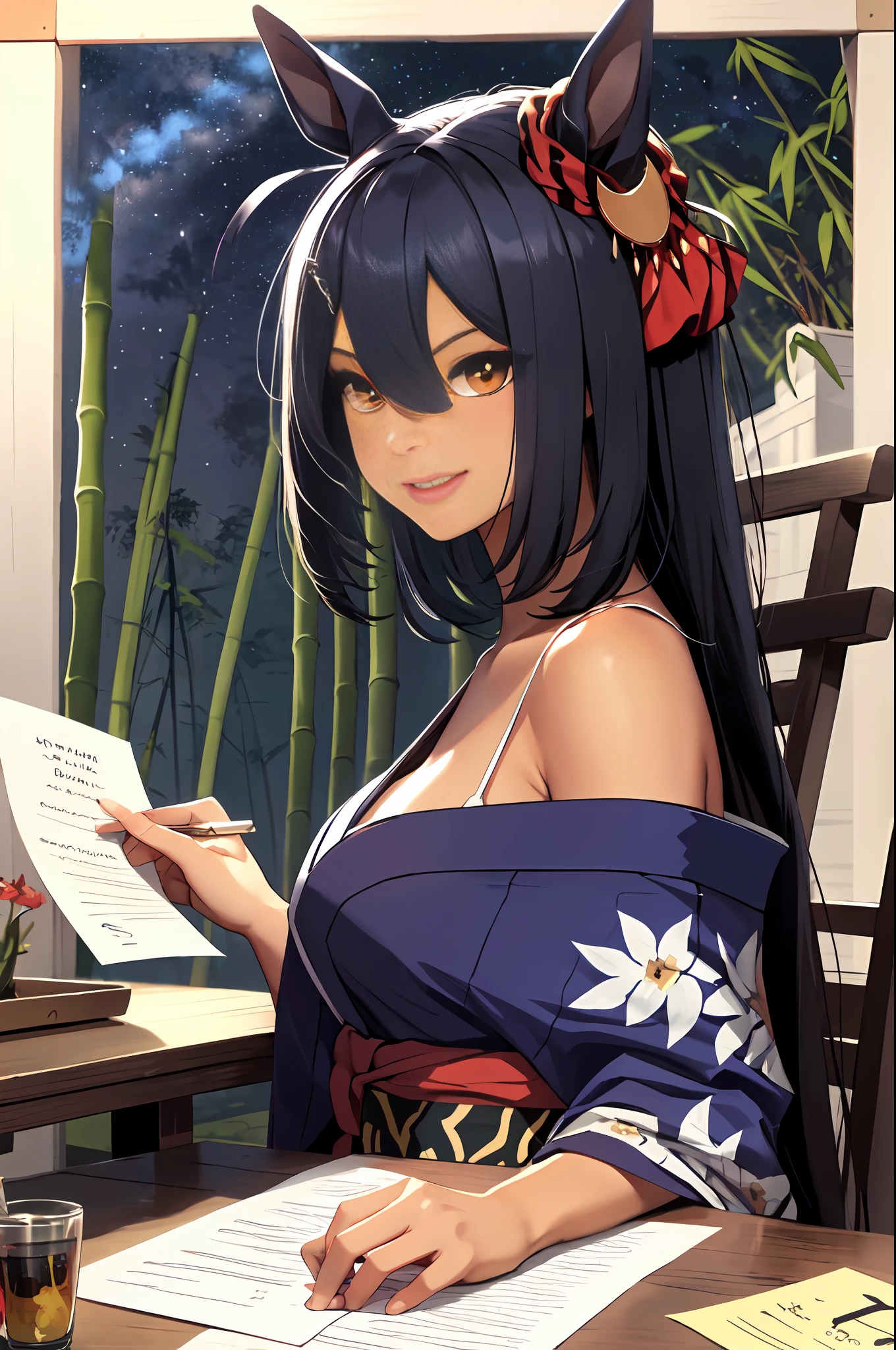 masterpiece, best quality, hishi amazon \(umamusume\),horse ears, horse tail, lips, lipstick, seductive smile, Japanese kimono, Tanabata, bamboo branches, fortune hanging on a bamboo branch, bamboo, sitting on a chair and writing wishes on a strip of paper, beautiful Milky Way in the night sky, from the side,