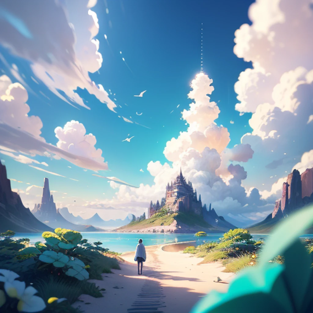 Masterpiece, best quality, high quality, white clouds, turquoise background, blue sky and white clouds, clear sky, complex, pastel colors, watercolor, Makoto Shinkai, extremely detailed CG unity 8k wallpaper, bokeh, depth of field, HDR, bloom, chromatic aberration, realism, very detailed, artstation trend, CGsociety trend, complex, high detail, dramatic, midjourney art