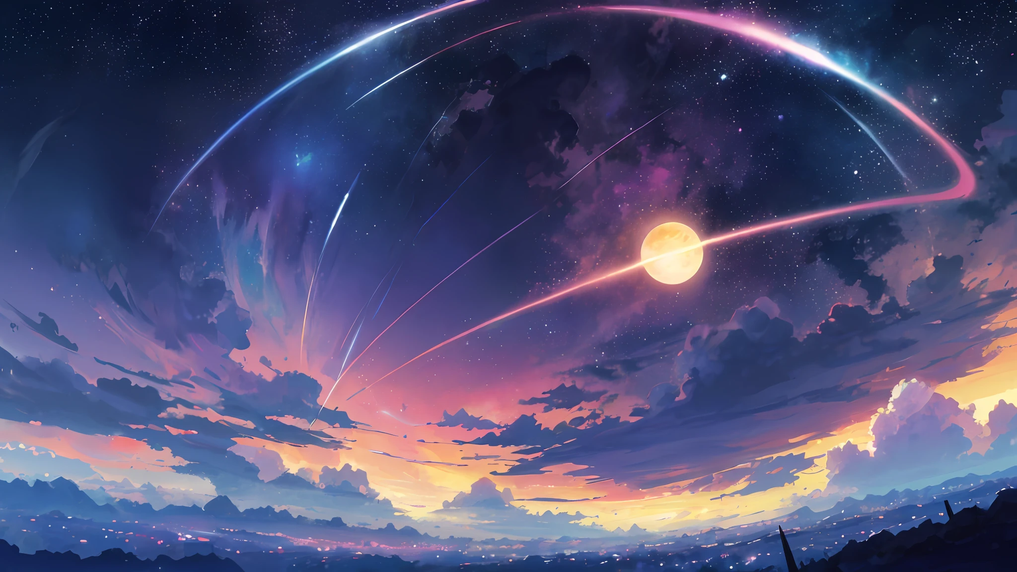 Anime - Stil Szene eines wunderschönen Himmels mit einem Stern und einem Planeten, kosmischer Himmel. von Makoto Shinkai, Anime-Kunst-Hintergrundbild 4K, Anime-Kunst-Tapete 4k, Anime-Kunst-Tapete 8 k, Anime-Hintergrundbild 4k, Anime-Tapete 4k, 4K-Anime-Hintergrundbild, Anime Himmel, tolle Tapete, Anime-Hintergrund, Himmel Planet im Hintergrund, Anime-Hintergrund art