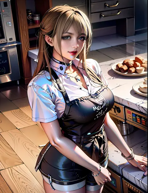 There is a woman standing in front of the coffee machine, mysterious coffee shop girl, surreal schoolgirl, surreal schoolgirl, r...