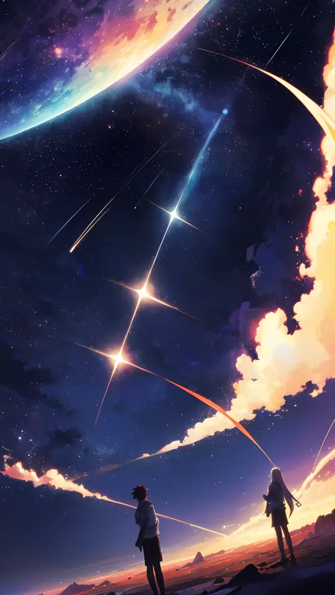 Anime – stars and planets, beautiful sky style scenes in the space sky. by Makoto Shinkai, Anime Art Wallpaper 4K, Anime Art Wal...