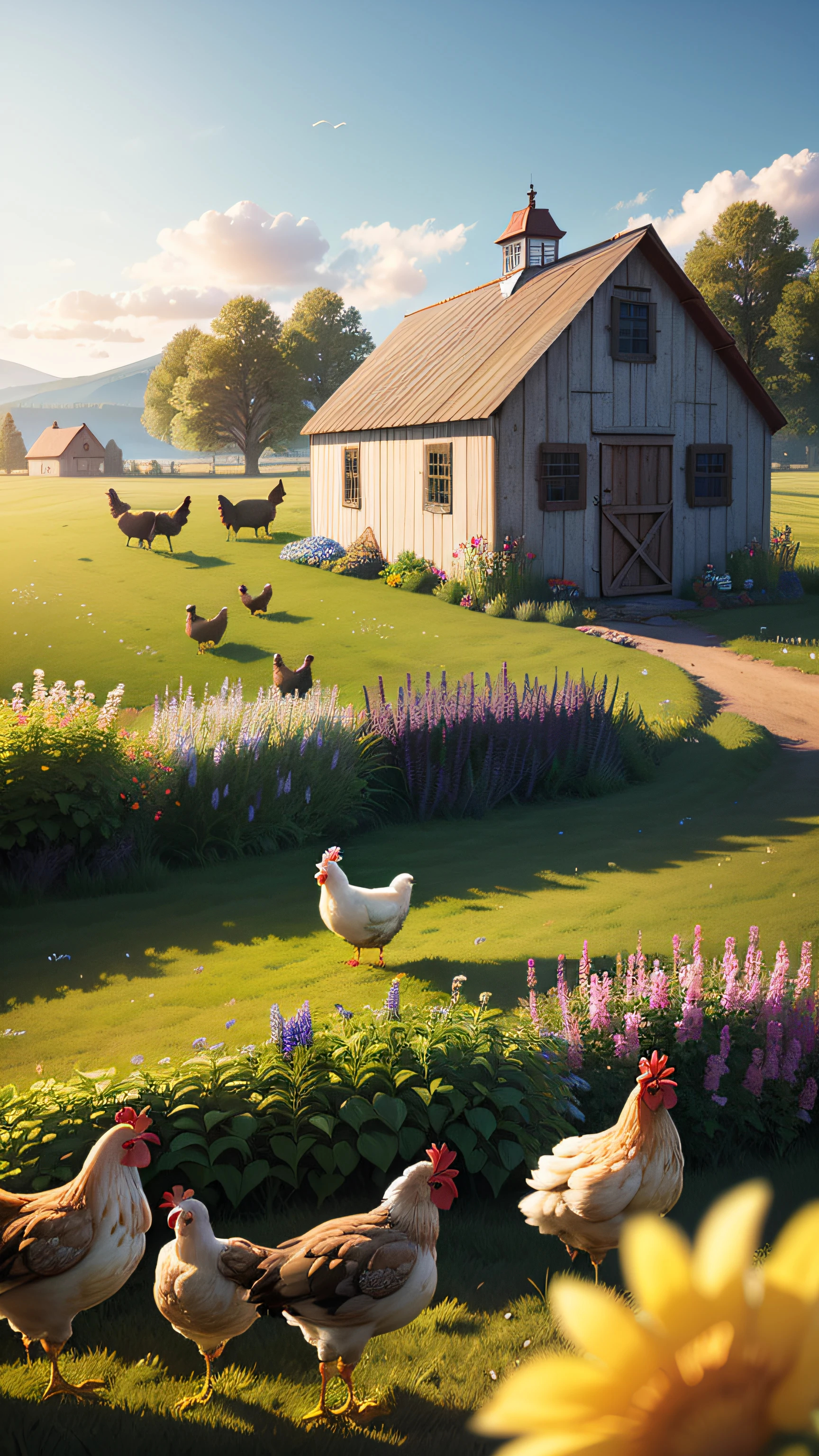 （A flock of chickens are foraging ,Chicken farm，Many chickens: 1.5), (8k, RAW photos, best quality, Canon, f2.4, iso50, masterpieces: 1.2), (c4d: 1.2), (realistic, photo realistic: 1.37), (high resolution), (meadows and wildflower fields in the background, a traditional small barn in the distance, farmhouse), (idyllic), delicacy, extreme detail