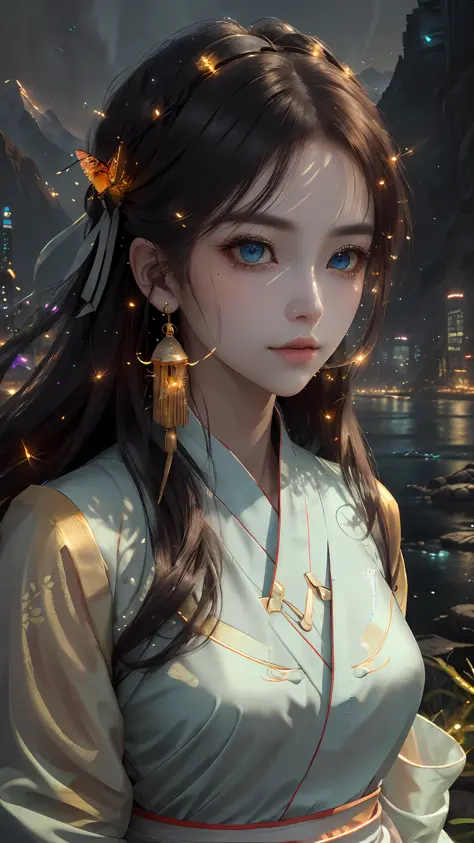 best quality, masterpiece, highres,
1girl, Detailed face, (Upper body:1.6), Cyber cities, mountains and rivers, night, firefly l...