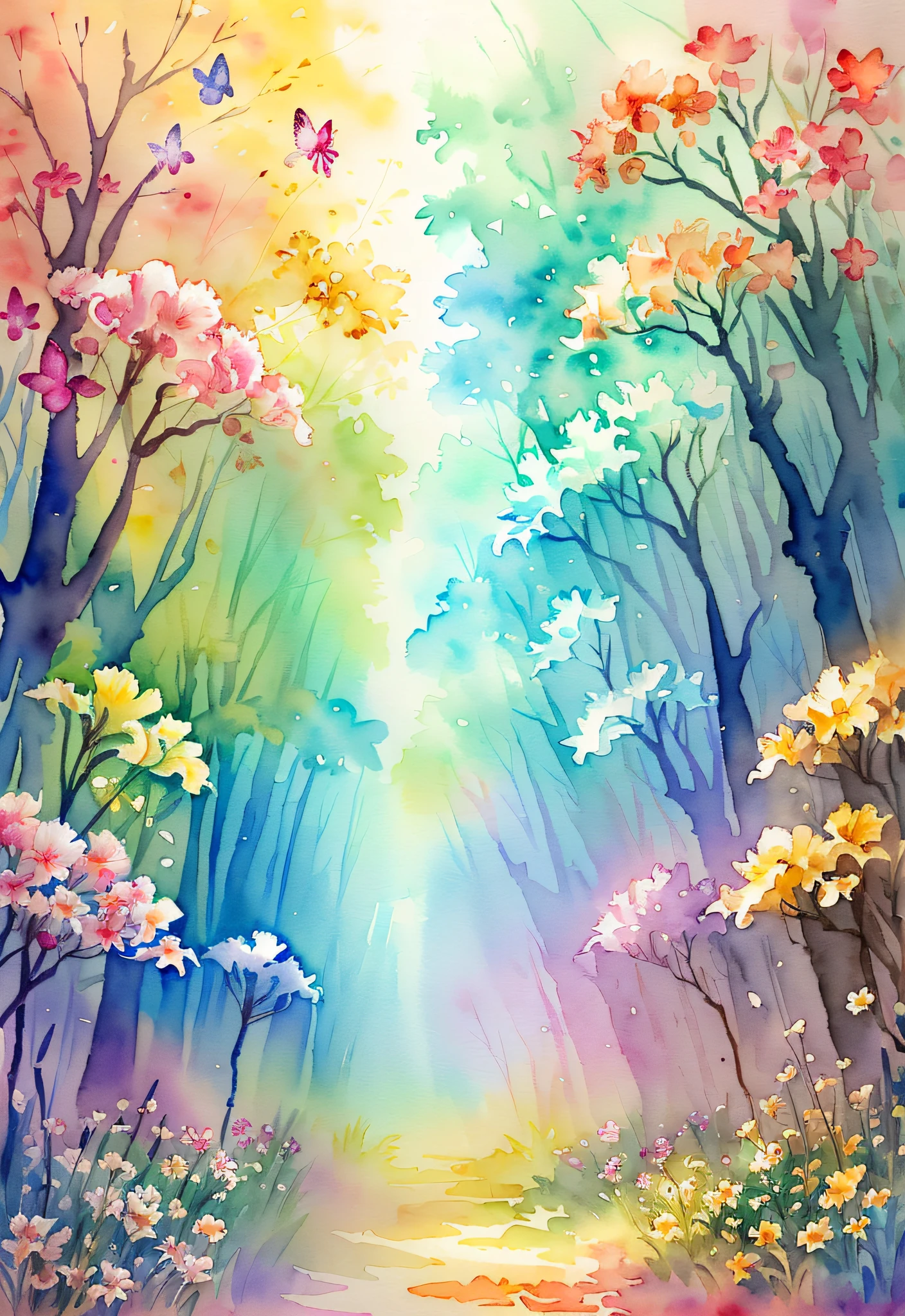 Summer ( Watercolor ( Watercolor \ ( Medium \), Sketch, Iris: 1.2), painting multiple animals in mysterious flower fields, butterflies, intricate details, God rays, sfw