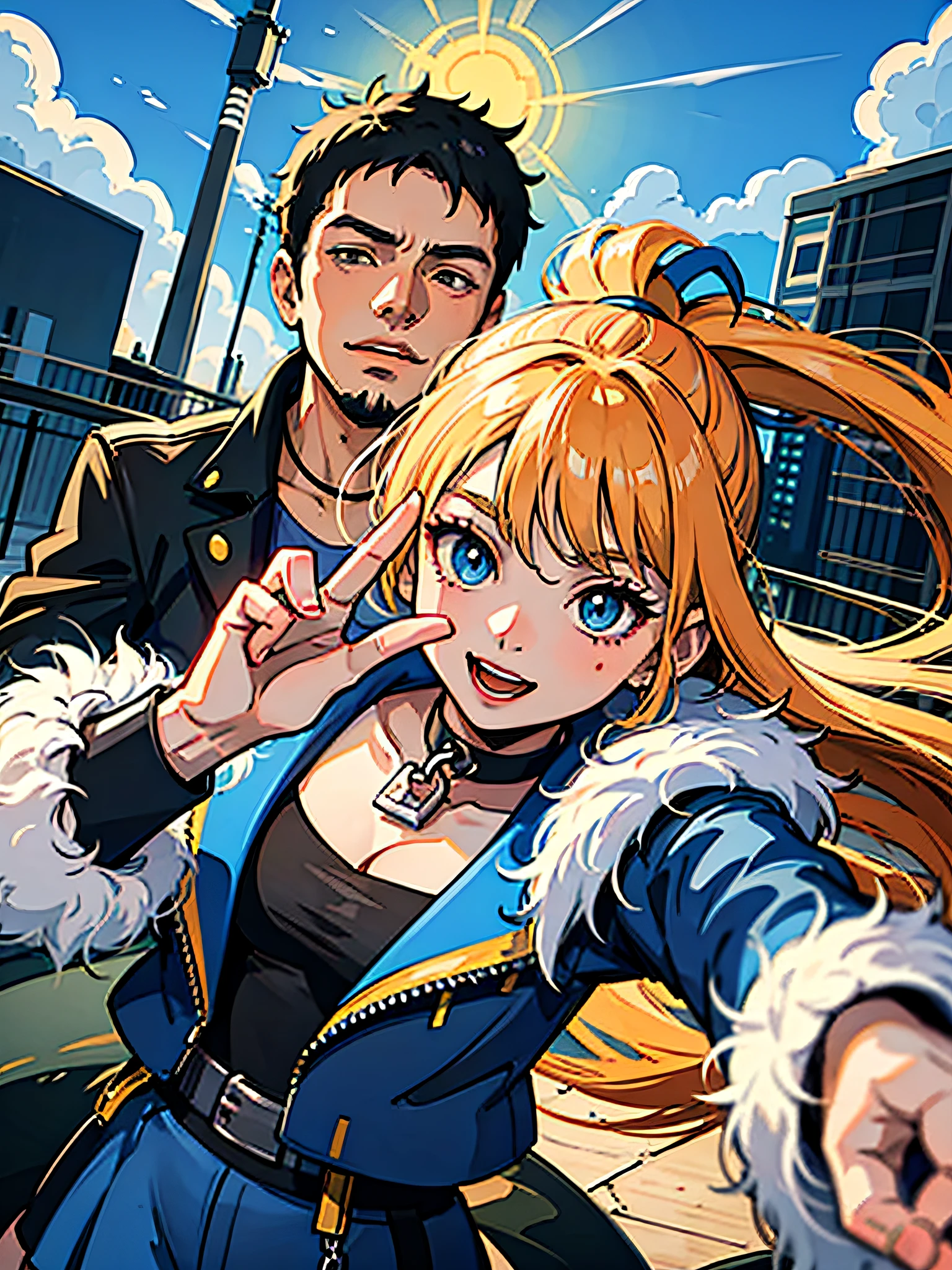 Harat from Pokemon, posing in front of the building, boy in blue jacket, girl in a black jacket with fur collar, girl doing Vgesture, 8K selfie photo, anime characters, flat drawing style, Studio Ghibli, sunshine, flat anime, generalized hairstyle, less detail, HD quality