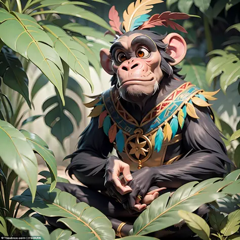 chimpanzee with indigenous headdress on head, ((meditating)) colorful feathers, facing the camera, detail: sitting in the middle...