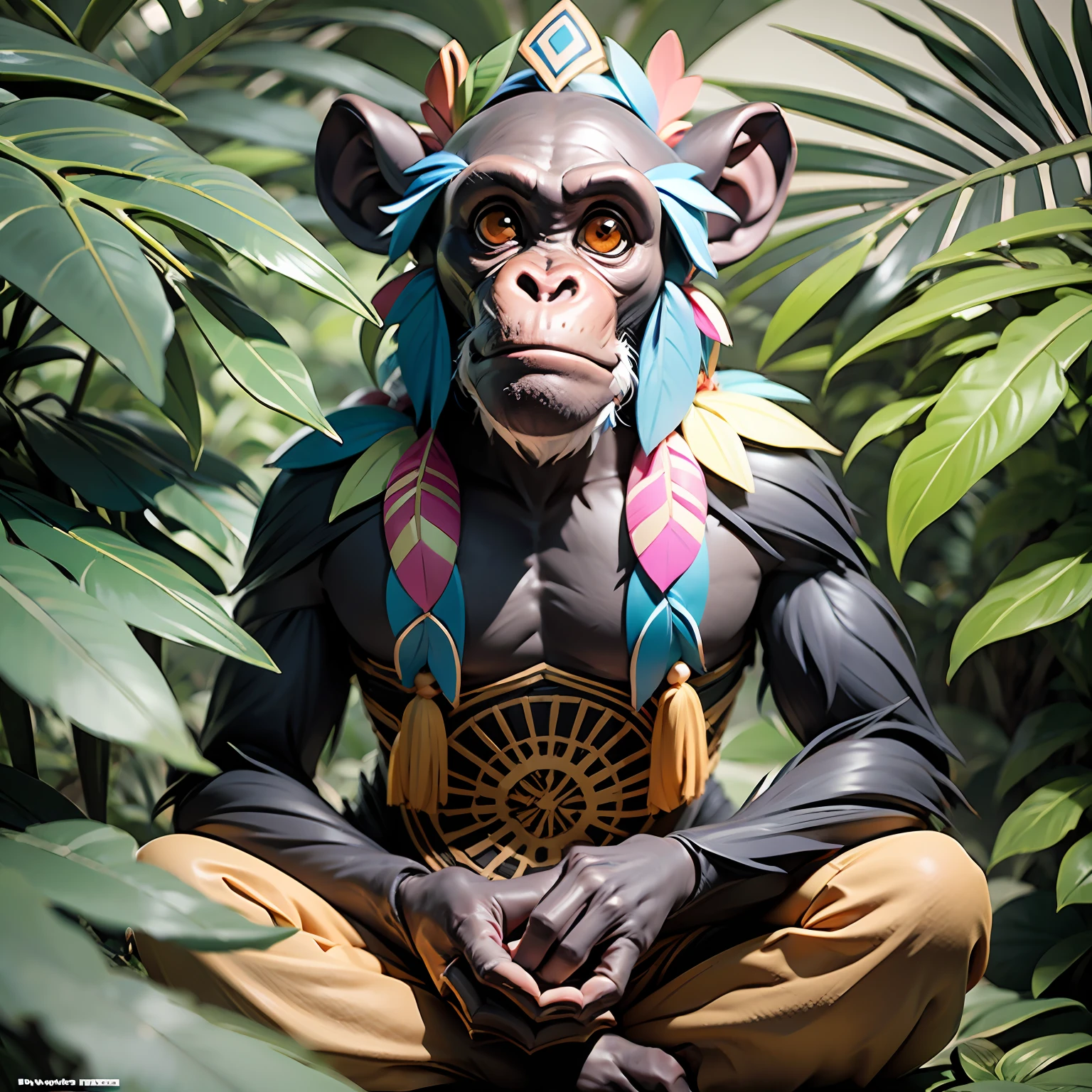 Chimpanzee with indigenous headdress on head, ((meditating)) colorful feathers, facing the camera, detail: sitting in the middle of dense tropical foliage, highly detailed intricate, ((masterpiece)), ultra hyperrealistic, masterpiece