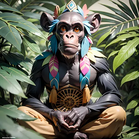 chimpanzee with indigenous headdress on head, ((meditating)) colorful feathers, facing the camera, detail: sitting in the middle...