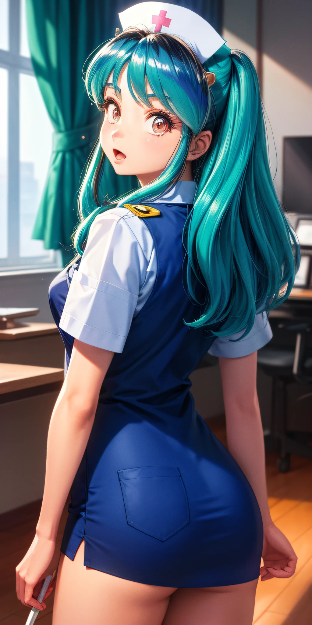 lum invader, detailed, realitsa, (nurse uniform: 8), (view of four, looking back: 8), extremely short clothes, masterpiece, best quality, hiring, open mouth, tusk, ultra-detailed, multicolored eyes, beautiful eyes, detailed face, beautiful girl, big chest, blushing