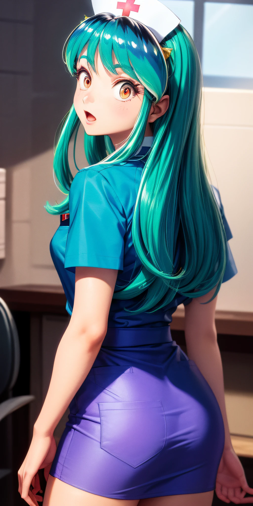 lum invader, detailed, realitsa, (nurse uniform: 8), extremely short clothes, masterpiece, best quality, hiring, open mouth, tusk, ultra-detailed, multicolored eyes, beautiful eyes, detailed face, beautiful girl, big chest, blushing, (from four looking back: 1.2)