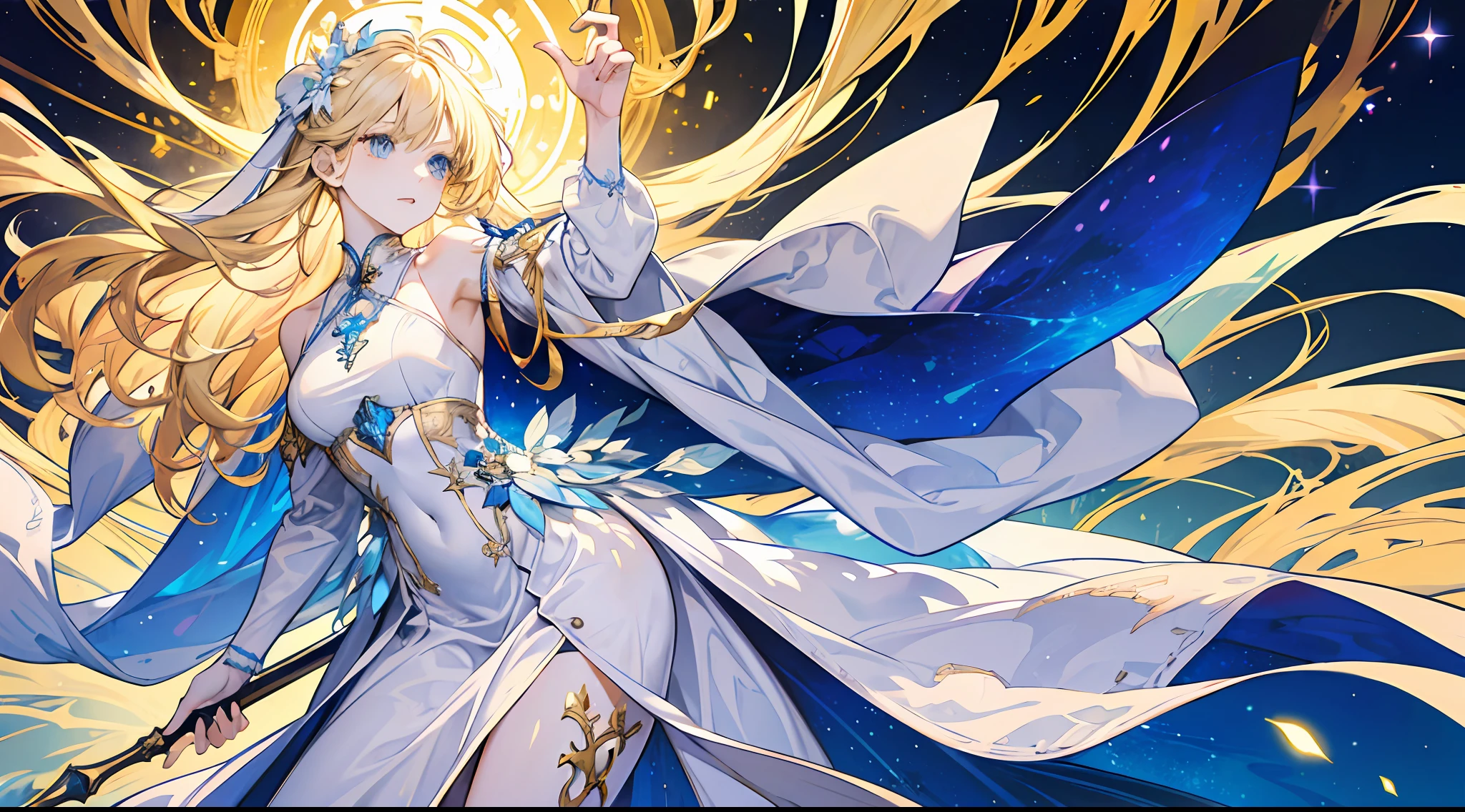 A little girl, beautiful, otherworldly, elegant, full body, long blonde hair, simple dress, white and blue long dress, extreme details, magic, golden streamers surrounding, angel coming, magic array, gods, holiness