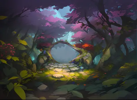 there is a stone path in the middle of a forest, magic stone portal in the forest, wonderland portal, forest portal, background art, magical portal gateway, anime background art, fantasy forest background, painted as a game concept art, fantasy forrest bac...
