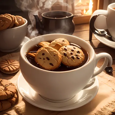Create an image of a steaming cup of tea accompanied by a plate of delicious biscuits. The tea is gently swirling, and the biscu...