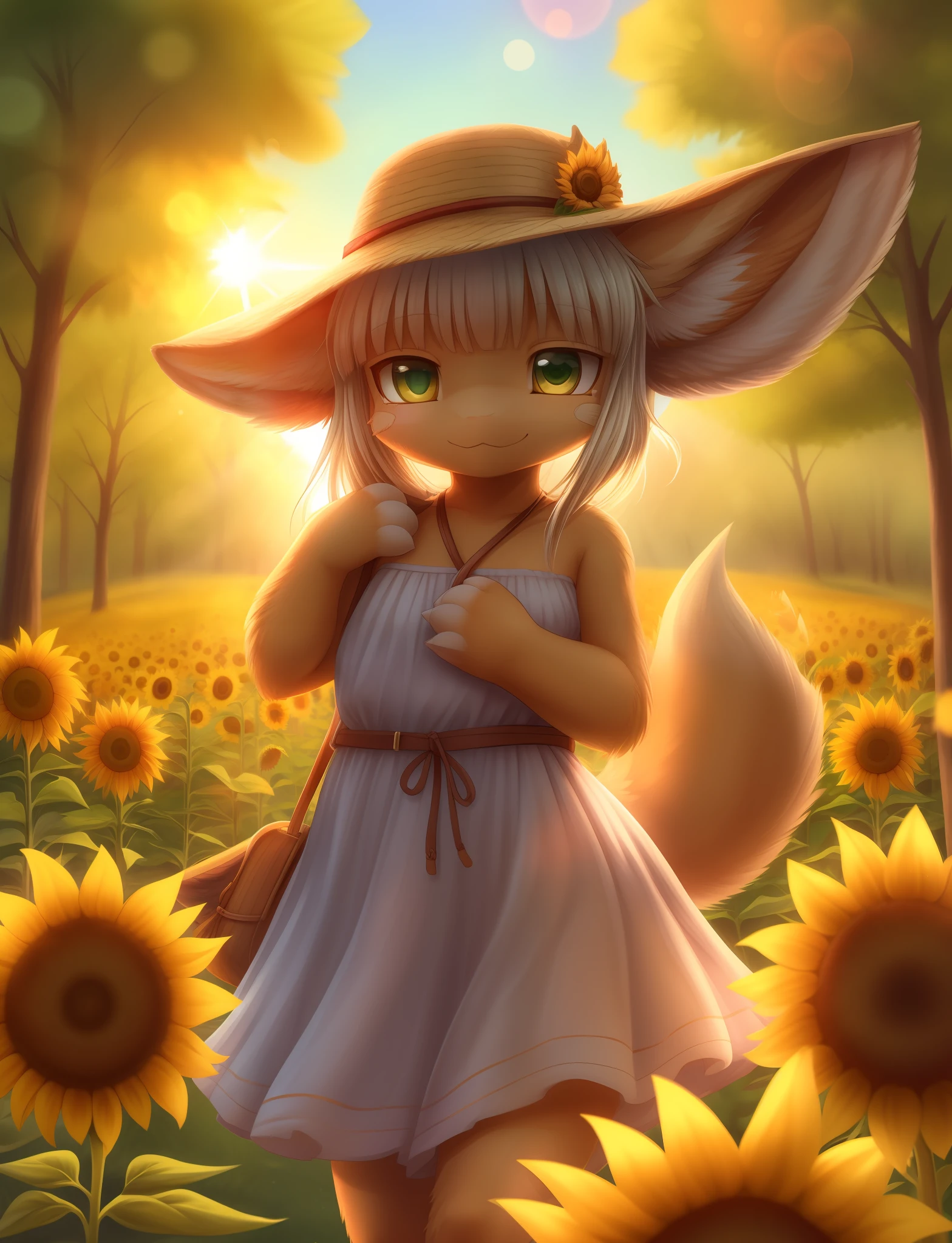 Meisterwerk, (Nanachi), :3,Sommerkleid, Sommerhut, Sonnenblumen, Cowboy-Schuss, flauschige, posiert, in der Natur, wunderschön detaillierte Szene, Bäume,  natürliche volumetrische Beleuchtung, Linsenreflexion,