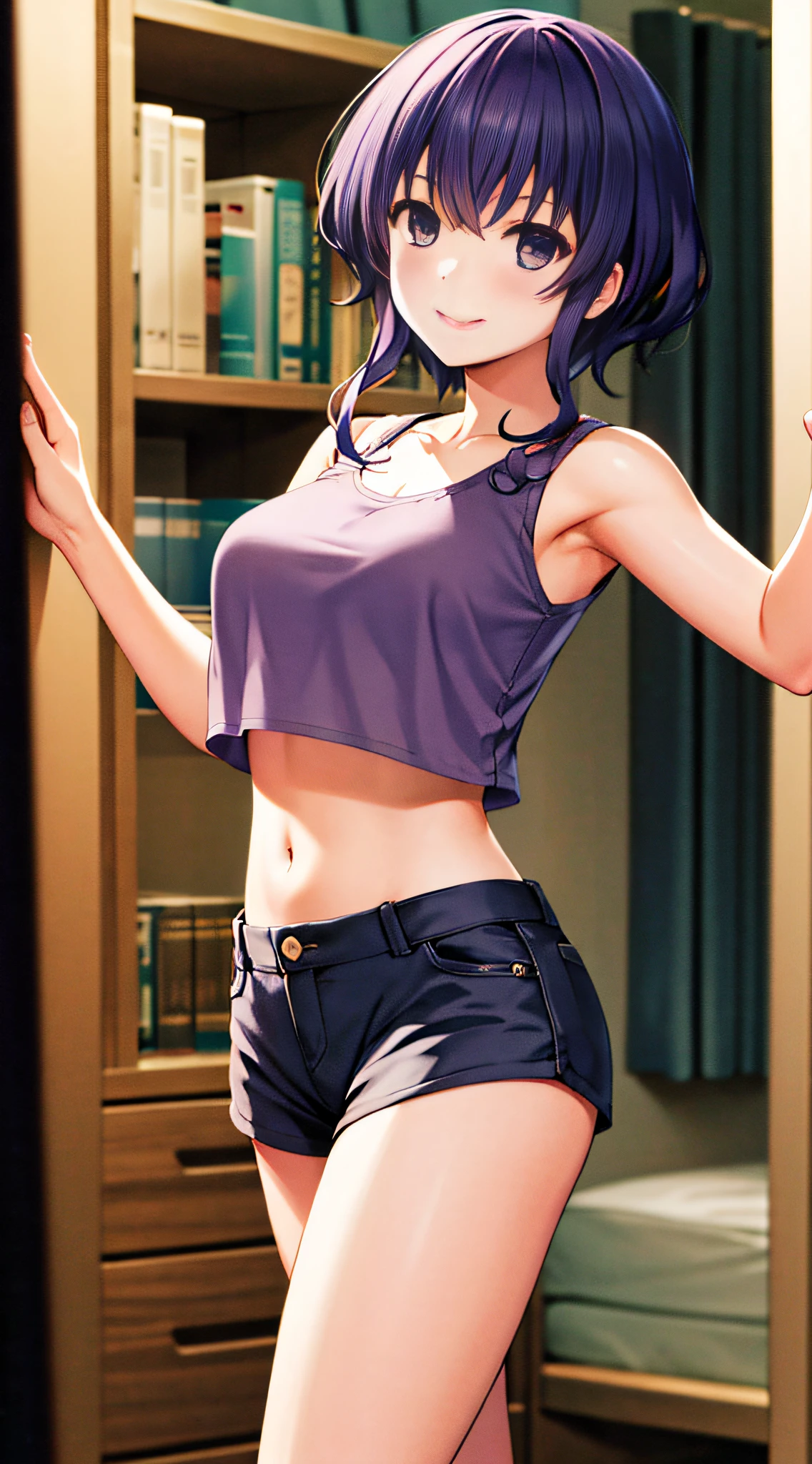 masterpiece, best quality, highres, hyoudou michiru, solo, tank top, crop top, short shorts, midriff, cowboy shot, smile, indoors,