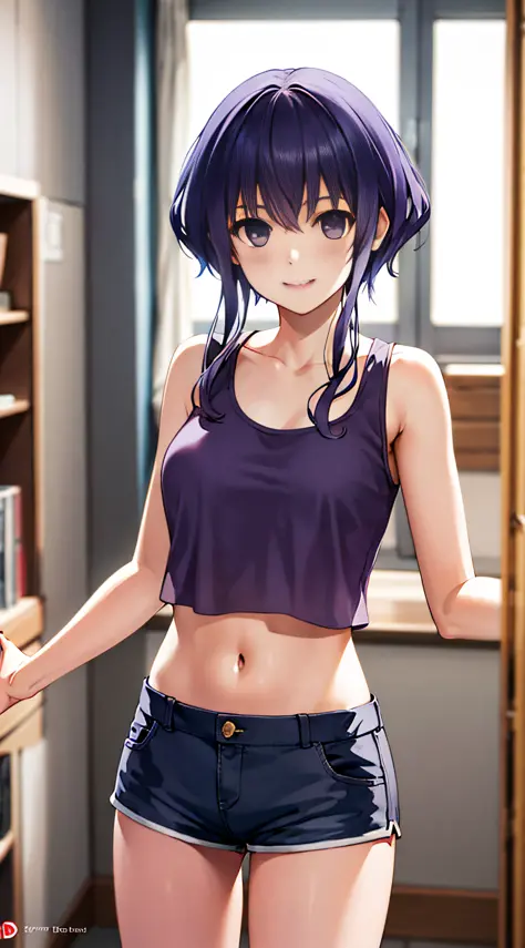 masterpiece, best quality, highres, hyoudou michiru, solo, tank top, crop top, short shorts, midriff, cowboy shot, smile, indoor...