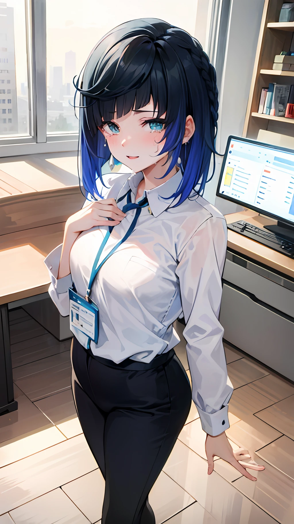 ((Masterpiece, Best Quality)), (1 Girl), (Mature Female)), Blue Hair, ((Office Lady)), Bangs, Small, (Plump), Slim, Smile, [Wide Buttocks], Office, (Expression Tired, Tired, Crying)