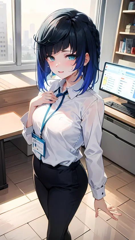 ((Masterpiece, Best Quality)), (1 Girl), (Mature Female)), Blue Hair, ((Office Lady)), Bangs, Small, (Plump), Slim, Smile, [Wide...