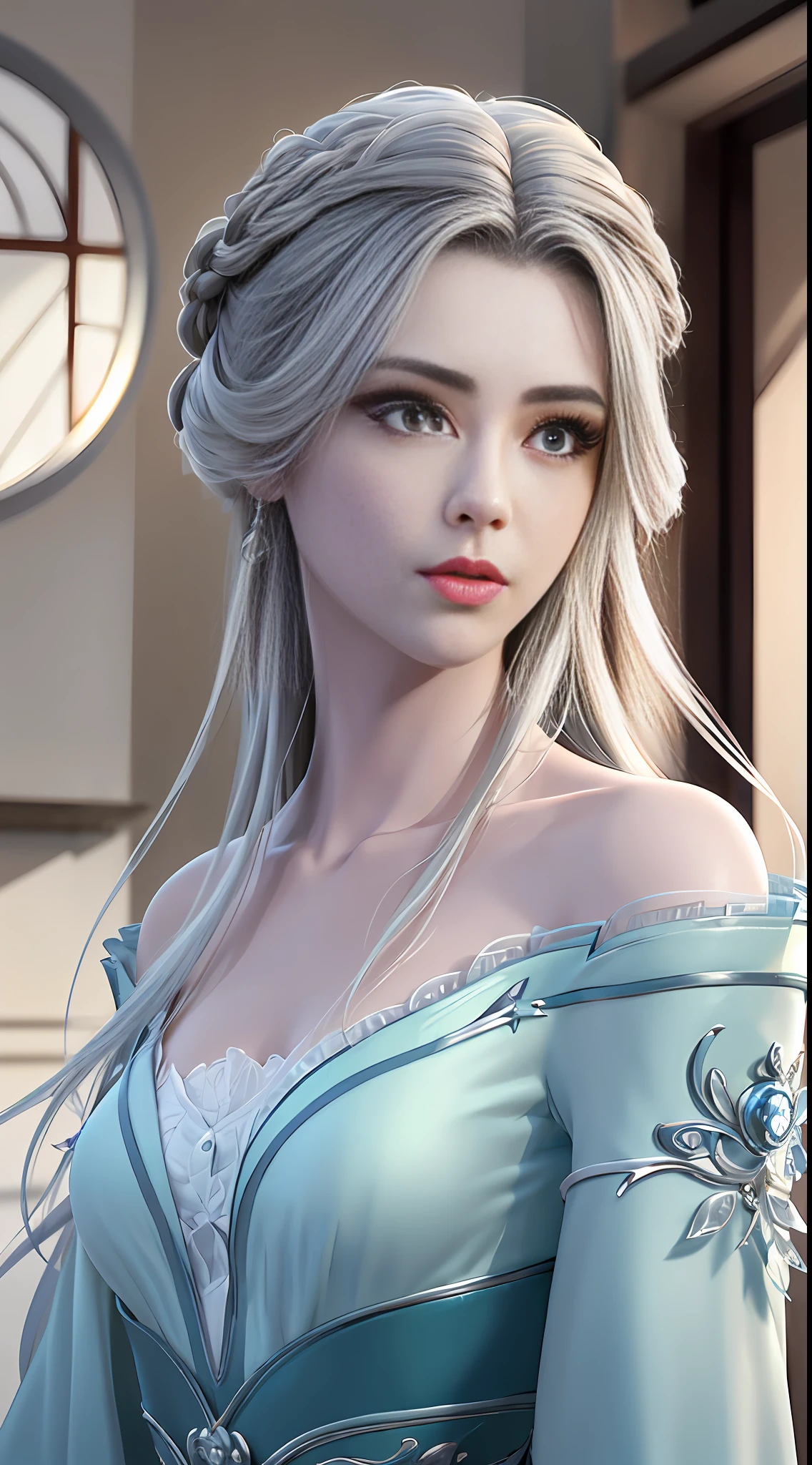 (best quality, masterpiece:1.2), ultra high res, realistic, front lighting, intricate detail, Exquisite details and textures, 1girl, solo ,(young), face highlight, upper body, detailed face, tear mole, white skin, silver hair, ponytail, braid hair, looking at viewer, big eyes, silk robe, (hollow pattern, white, silk), earrings, small breasts, slim body, luxury room, professional lighting, photon mapping, radiosity, physically-based rendering,