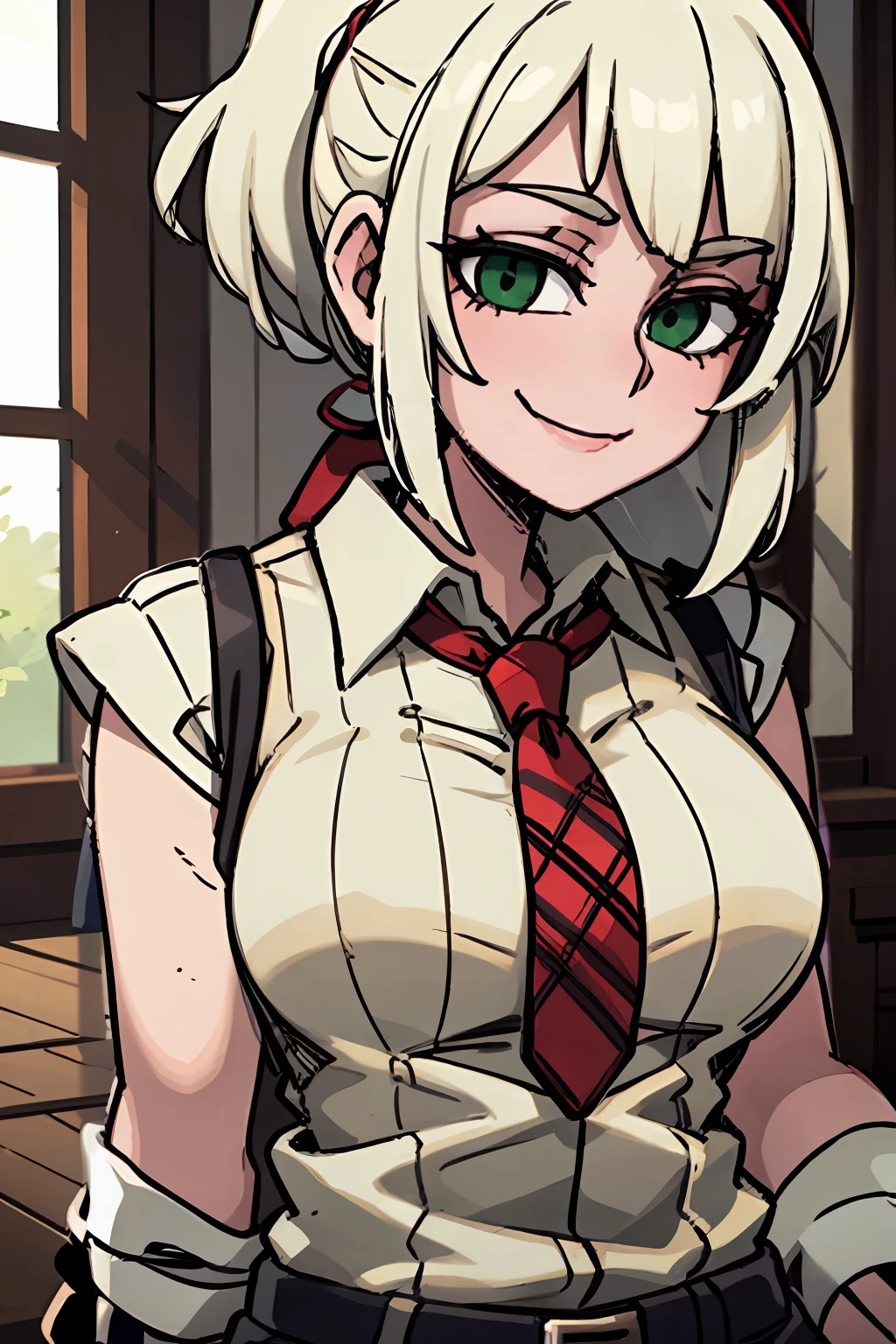 light smile, Schoolgirl attire, white blouse with yellow sweater vest, green striped tie, red plaid skirt and black boots with white buckles, forest green eyes and ashy hair in a twin ponytail