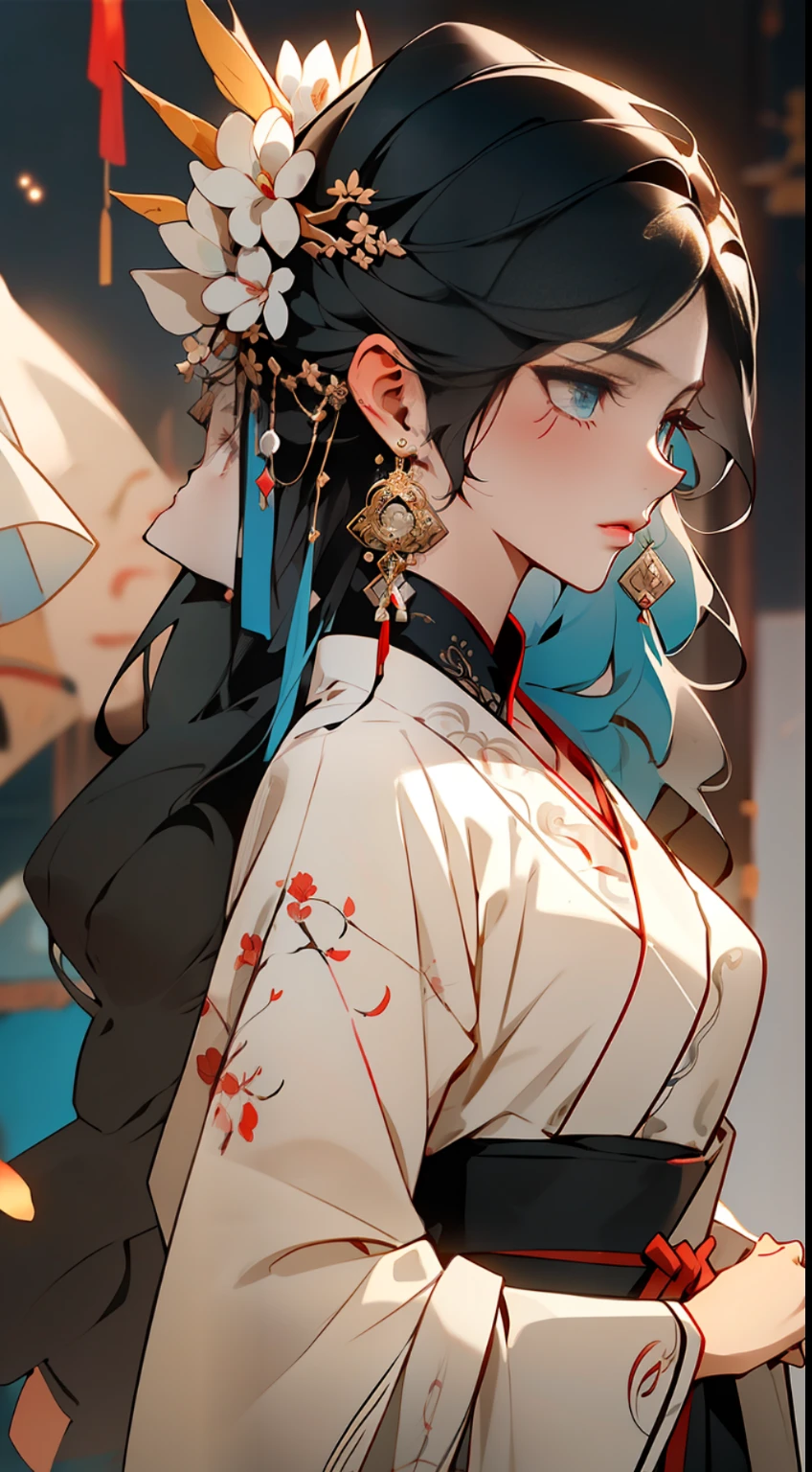 (Masterpiece, top quality, best quality), ((Wuxia World, Xiuxian, Chinese martial arts,)), (1 girl solo), (full body), (gentle eyes), (ancient Chinese clothes, cyan robe, embroidered collar Uesugi, white large-sleeved shirt, streamers), (hairpin, long black hair), (Hanfu), light pink lips, (young), earrings, white skin, (clear facial features, detailed skin texture, beautiful face, facial highlights, waist up), color ink painting, splash color, sketch, denoising, splash ink, Dramatic, cinematic grade, white background, standing, slim figure, 8k uhd, SLR, soft light, high quality, high resolution, (very detailed CG unity 8k wallpaper)