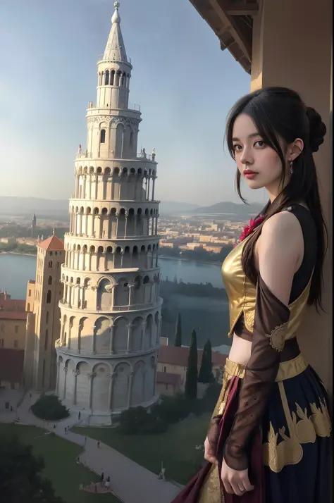 modelshoot style, (extremely detailed CG unity 8k wallpaper),full shot body photo of the most beautiful artwork in the world, stunningly beautiful photo realistic cute women intricately detailed costume, navel,princess eyes,(Leaning Tower Of Pisa backgroun...