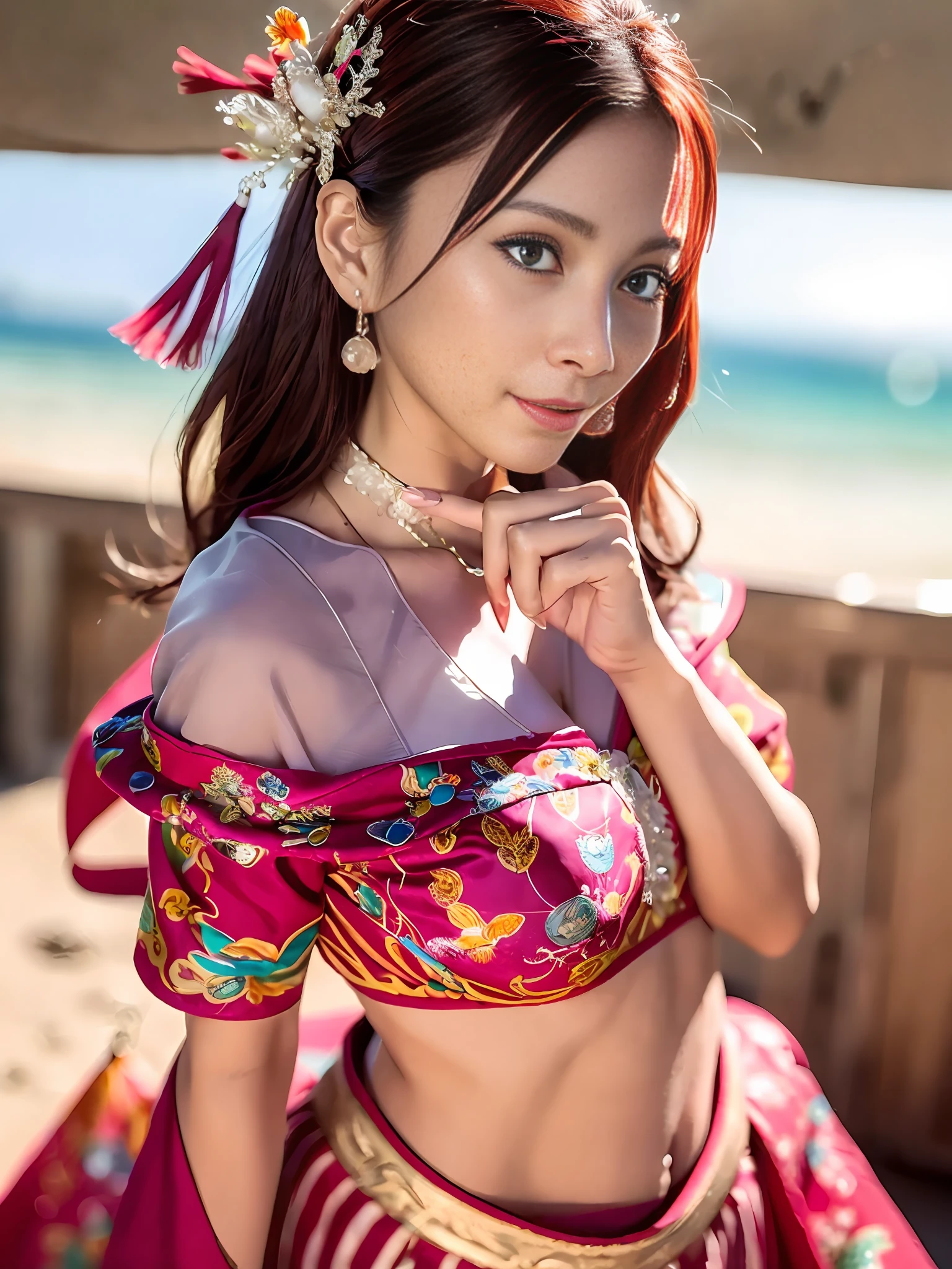 (best quality:1.1) ,(photorealistic:1.1), (photography:1.1), (highly detailed:1.1), looking at viewer,armlet, Jade bracelet, eyelashes, happy, medium breasts,beautiful detailed girl, (extremely detailed eyes and face), (lighting on face),necklace,Colorful clothes, [chinese clothes],[off shoulder], (solo:1.2), sandbeach,sand,Standing by the seaside, summer, (beautiful detailed sky),seethru,