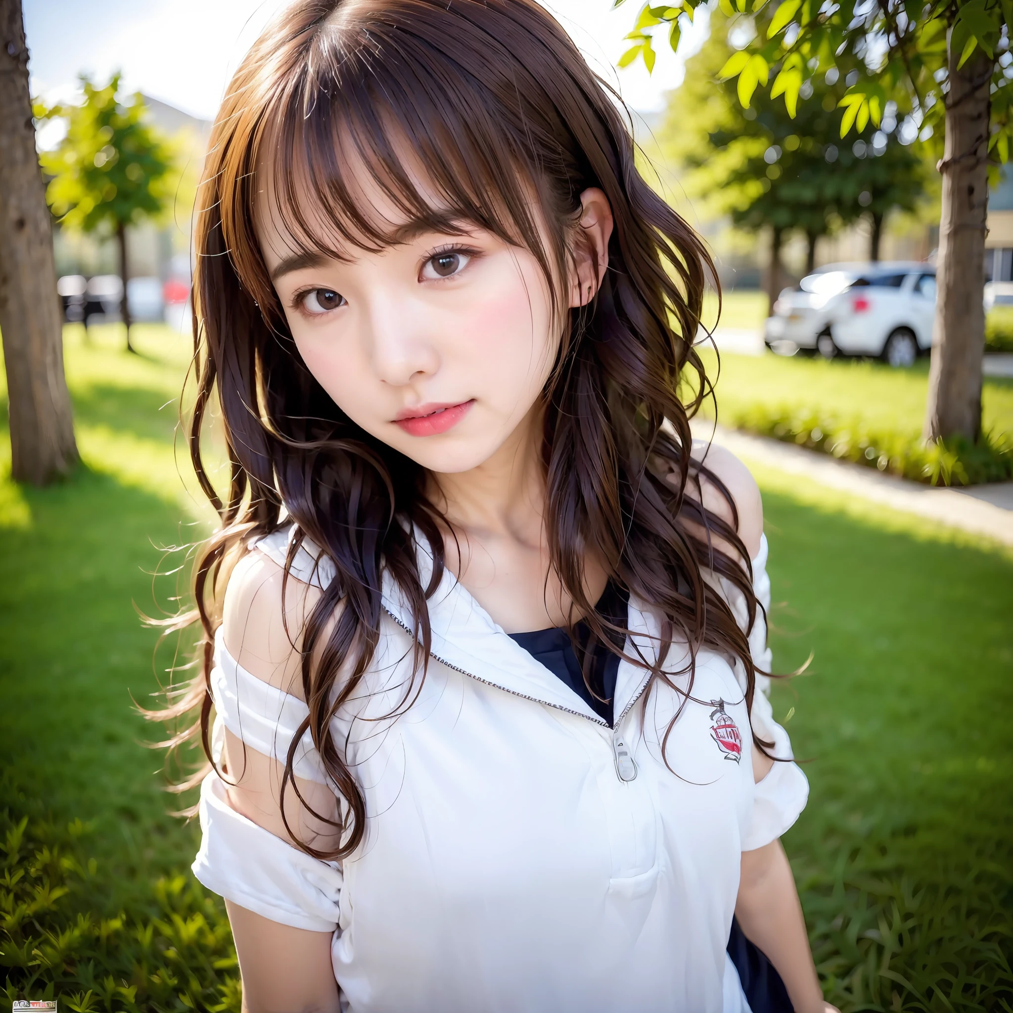 17-year-old schoolgirl, cute schoolgirl, beautiful girl, delicate and beautiful girl, delicate facial features, close-up portrait, 8K picture quality, extreme detail, detail portrayal, messy hair, (cute bangs), wavy micro-curls, hair shoulder-length, flowing hair, black hair, slim face, looming figure, perfectly proportioned body, slim body, realism, ultra-high resolution, master work 1, realistic texture, cinematic lighting realism, facial features, supple lips, ((pure lust makeup)), Pure Girl, First Love, First Love, Shy, Blushing, Shy, Innocent Expression, Spring, Outdoor, Gaze at the Camera, Look at the Viewer, Soccer Baby, Soccer Jersey, Shorts