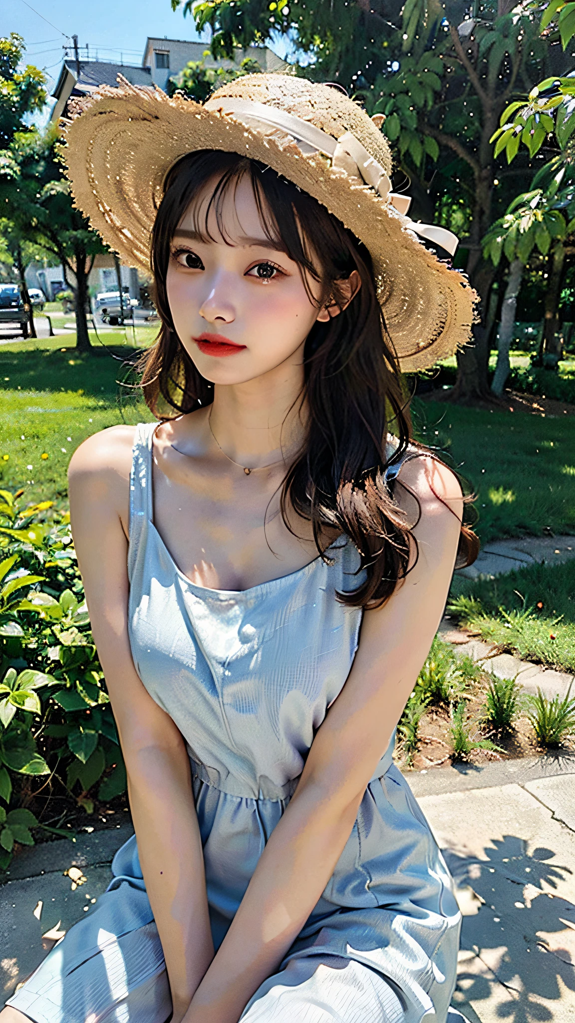 거대한 가슴, 아름다운 소녀, 높은 이미지 품질, SLR로 찍은 것처럼, summer 옷, 밀짚 모자, 옷, 드레스