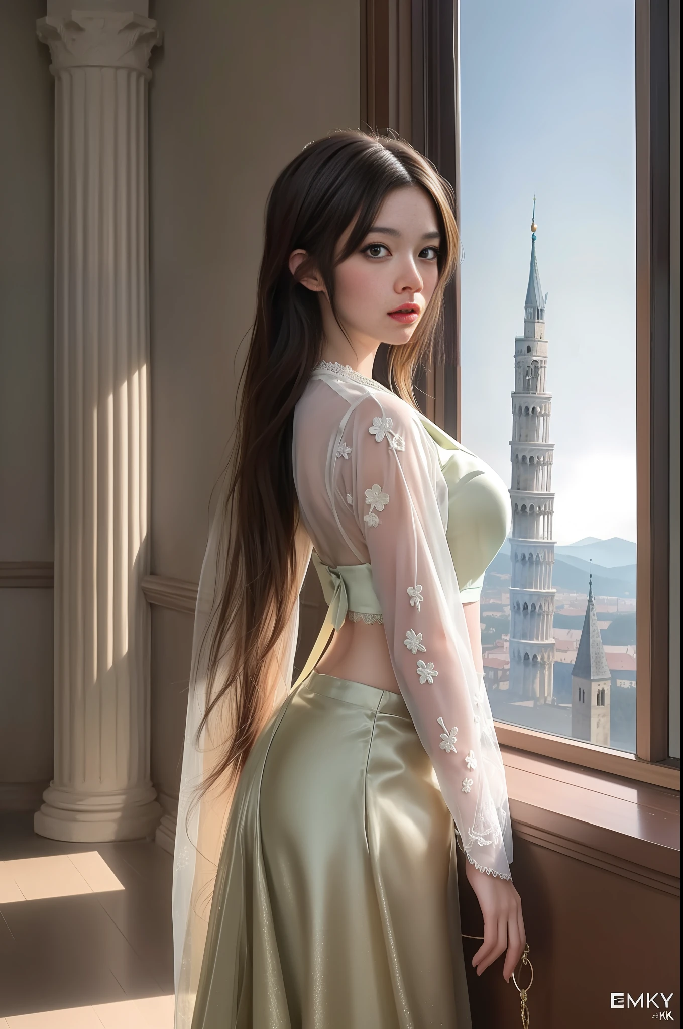 modelshoot style, (extremely detailed CG unity 8k wallpaper),full shot body photo of the most beautiful artwork in the world, stunningly beautiful photo realistic cute women intricately detailed costume, navel,princess eyes,(Leaning Tower Of Pisa background), professional majestic oil painting by Ed Blinkey, Atey Ghailan, Studio Ghibli, by Jeremy Mann, Greg Manchess, Antonio Moro, trending on ArtStation, trending on CGSociety, Intricate, High Detail, Sharp focus, dramatic, photorealistic painting art by midjourney and greg rutkowski