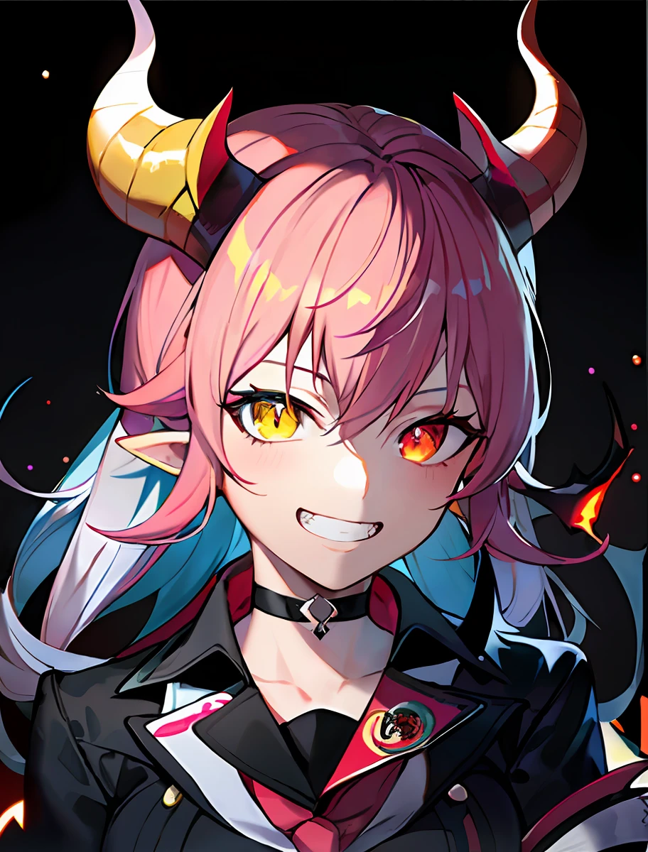 anime girl with horns and horns on her head, [[[grin]]]], discord profile picture, discord PFP, demon anime girl, mika kurai demon, demon girl with fiery red hair with horns, portrait , demon boy, portrait of demon girl, digital art from Danganronpa Break, different pupils