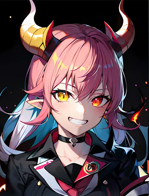 anime girl with horns and horns on her head, [[[grin]]]], discord profile picture, discord PFP, demon anime girl, mika kurai dem...
