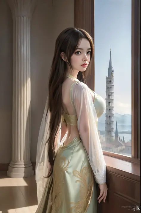 modelshoot style, (extremely detailed CG unity 8k wallpaper),full shot body photo of the most beautiful artwork in the world, stunningly beautiful photo realistic cute women intricately detailed costume, navel,princess eyes,(Leaning Tower Of Pisa backgroun...